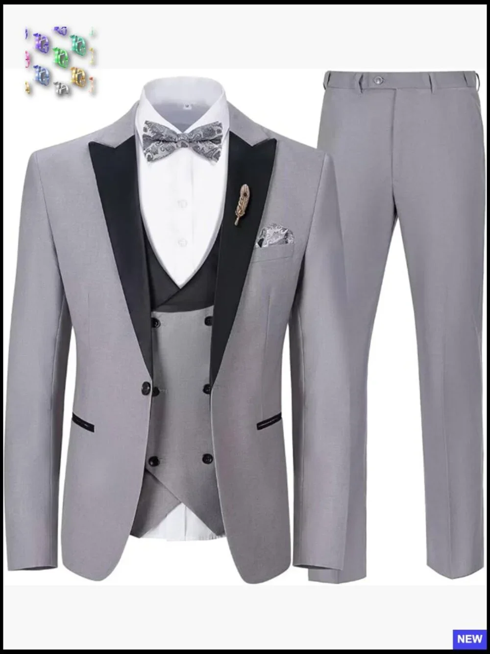 Slim Fit 3 Piece Suit Set with Bow Tie Vest Pants Formal Wedding Party